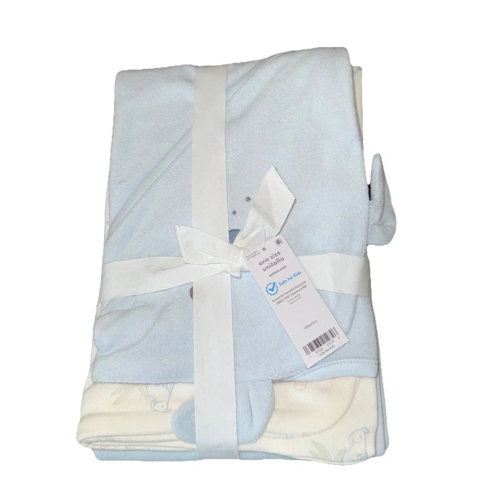 New Carter's Blue Baby 2-Pack Hooded Towels Dog Themed, 1-Blue 1-White Dog Print